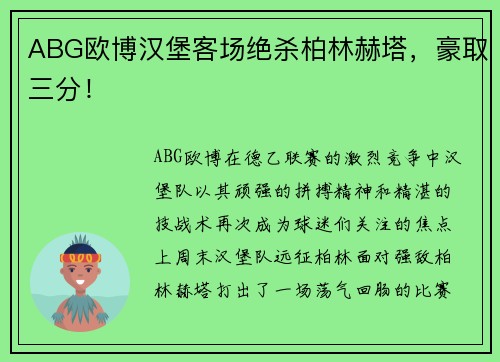 ABG欧博汉堡客场绝杀柏林赫塔，豪取三分！